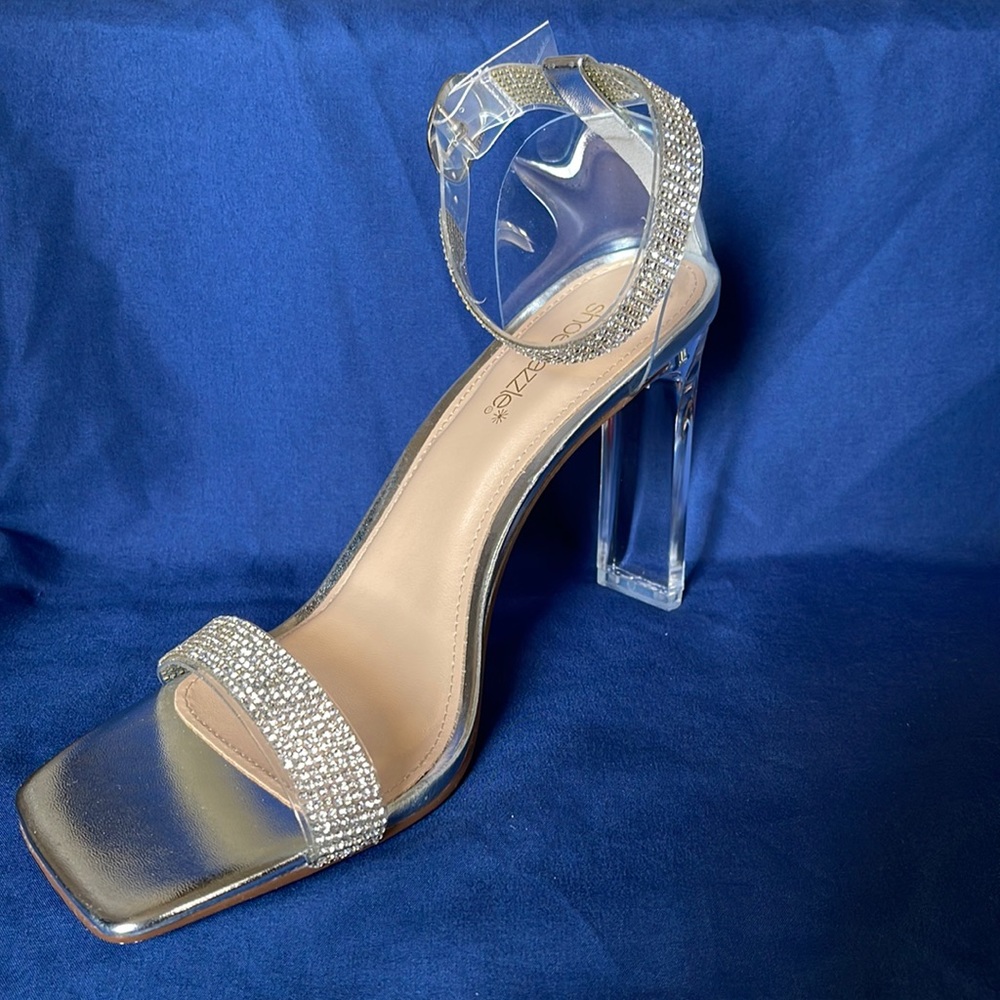 “Joleene” heeled clear rhinestone strapped dress shoes